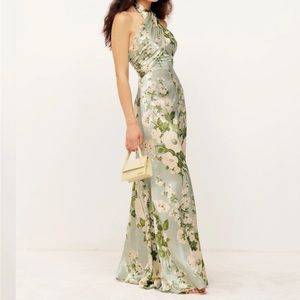 Reformation Floral Halter Maxi Dress in Green and Cream